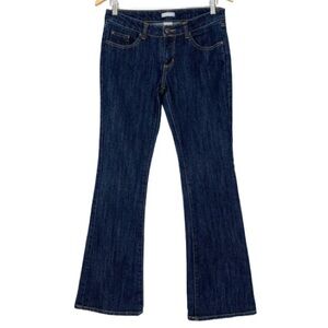 Max Rave Low Rise Dark Wash Flare Leg Jeans With Contrast Yellow Stitching